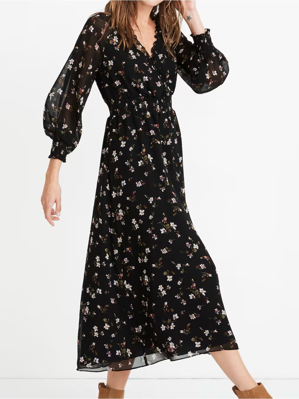Madewell Backyard Blooms Black Floral Midi Dress with Smocked Waist NWOT